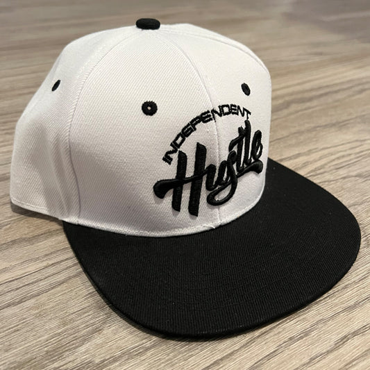 Independent Hustle Snapback - White w/ Black Logo w/ Black Trim & Brim